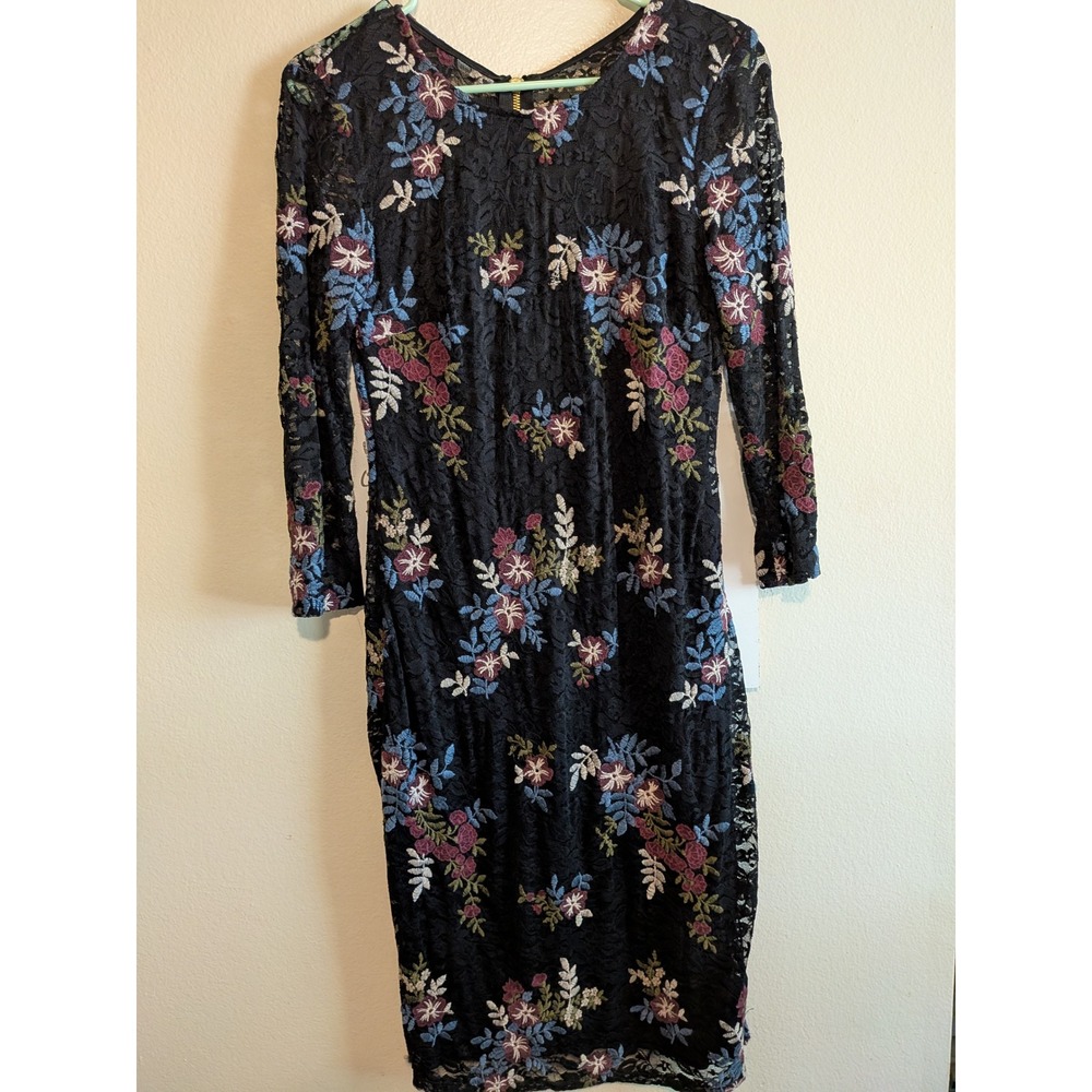 Bisou Bisou Black Floral Embroidered Lace Sheath Dress